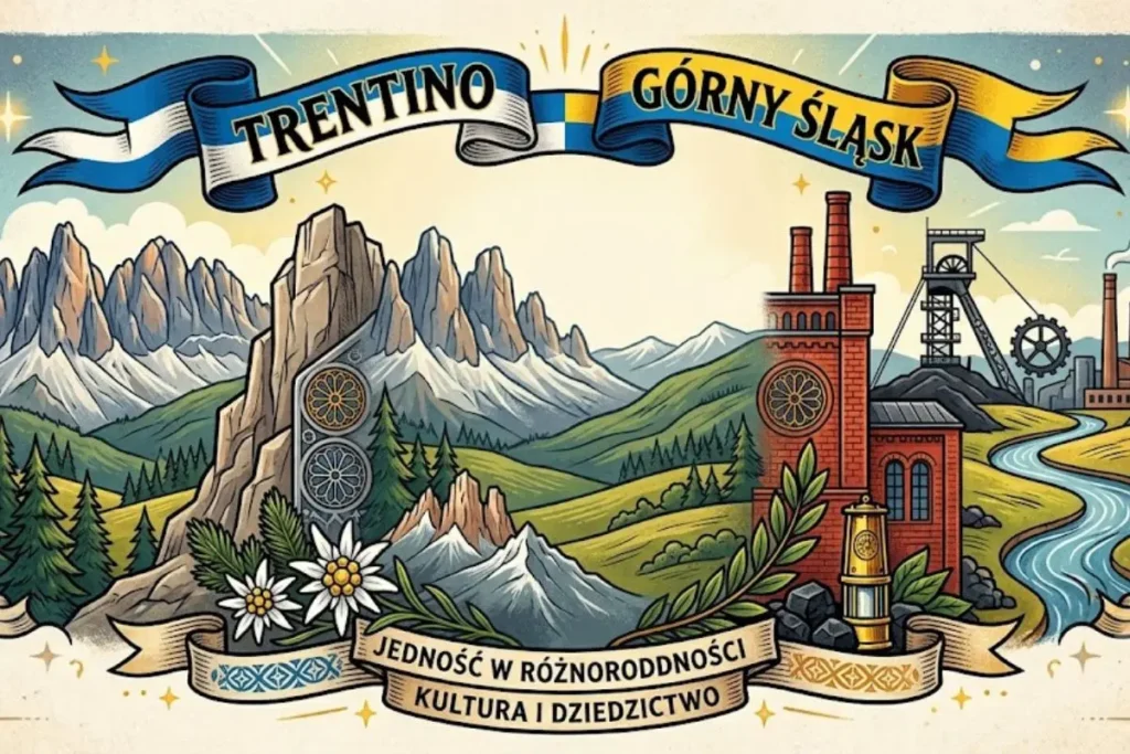 Ilustracja porównująca Trentino i Górny Śląsk – alpejskie góry, przemysłowy krajobraz, szyld ‘Jedność w różnorodności. Kultura i dziedzictwo’